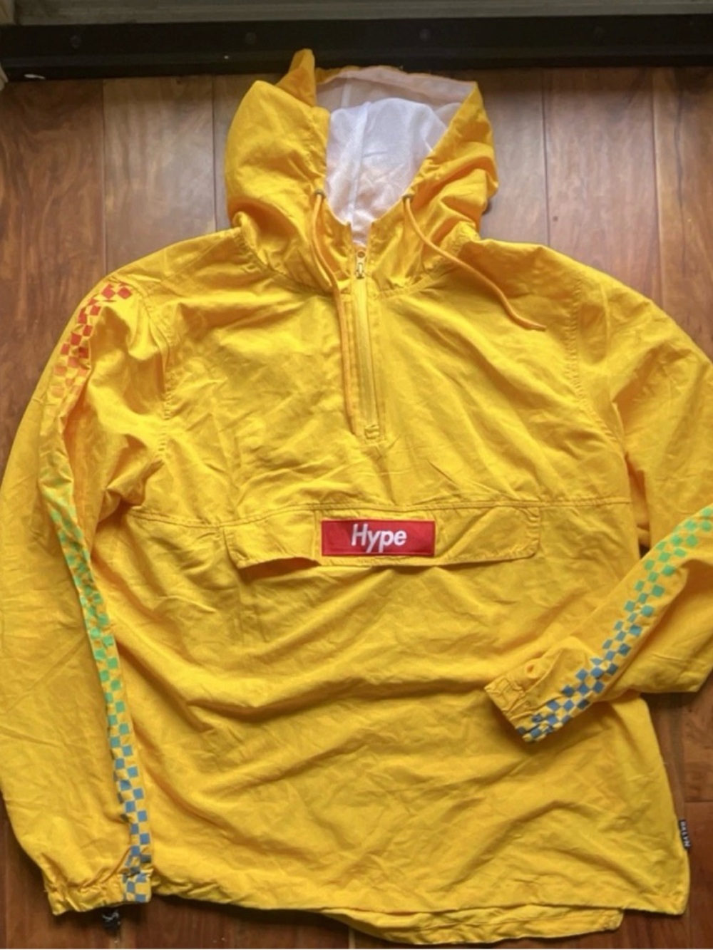 Hype Yellow Hooded Anorak with Checkerboard Trim lightweight jacket